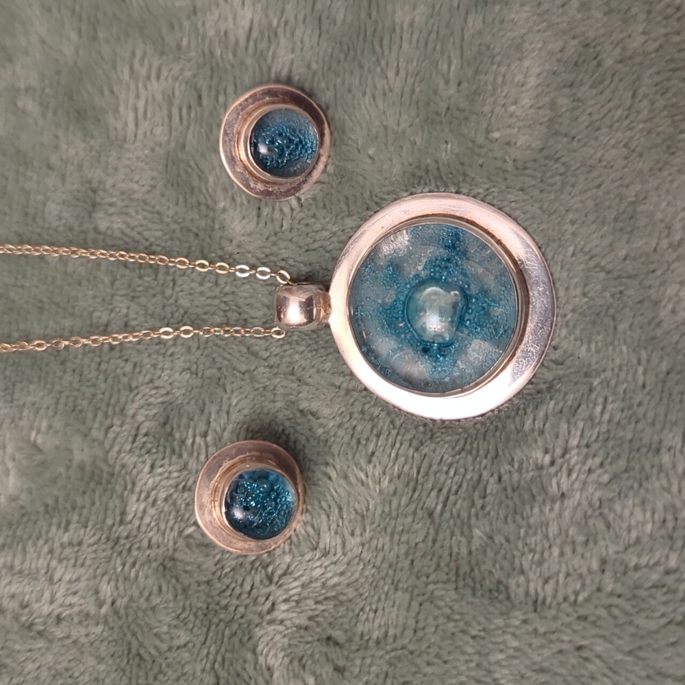 Vintage Sterling Silver 925 Light Blue Bubble Art Glass Pendant And Earrings Set